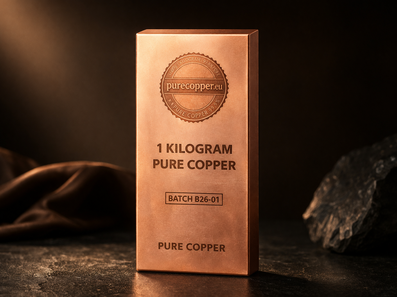 Copper packaging box labeled '1 Kilogram Pure Copper' with 'purecopper.eu' branding on a dark background.